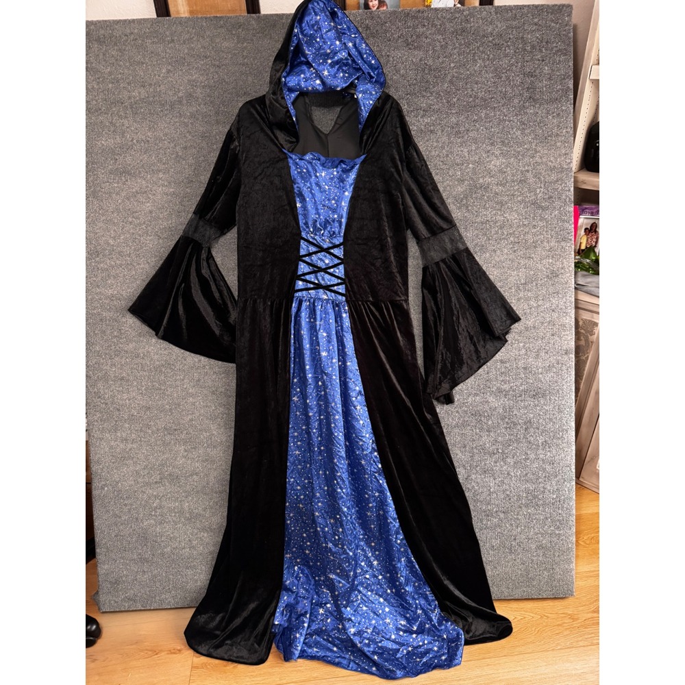 Gothic Celestial Witch Costume Black Velvet Blue Star Hooded Gown Women's 2X